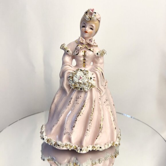 Lefton Vintage Victorian Lady Figurine Pink & Gold Spaghetti Trim K8572P 1950s - Picture 8 of 10